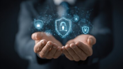 Digital Security in Hand: An image of a man's hands cradle a digital representation of cybersecurity, with a glowing shield and padlock indicating protection and privacy in the digital realm.
