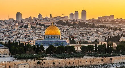Obraz premium Dome of the rock and jerusalem skyline at sunset