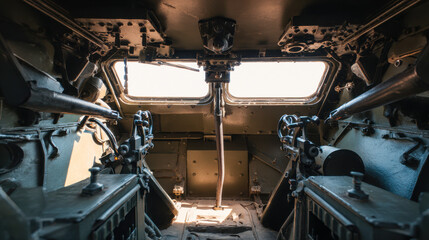 Interior view of World War II tank showcasing controls and structure