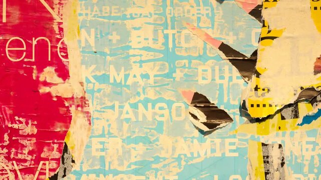 Old colorful posters ripped torn crumpled paper abstract grunge texture wall backdrop placard surface, Seamless loop collage urban street posters slideshow background