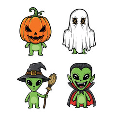 A cute collection of four cartoon Halloween characters a pumpkin head a ghost an alien witch and an alien vampire.
