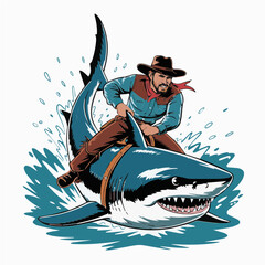 Cowboy illustration of fish rodeo scene koi shark for art poster t-shirt graphic