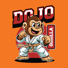 Cute cartoon Gorilla dressed in a martial arts uniform, practicing karate with focus and precision character illustration