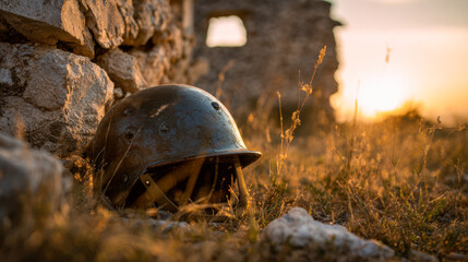 Metal helmet lies in grass near ancient stone remains at sunset