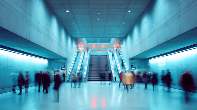 Futuristic subway station with escalators and blurred commuters, glowing teal lights create a modern urban vibe filled with energy and movement. - Powered by Adobe
