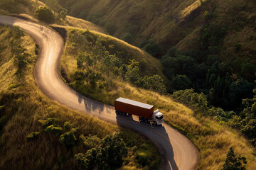 Aerial view of a large container truck driving along a winding mountain road surrounded by lush green vegetation and golden sunlight