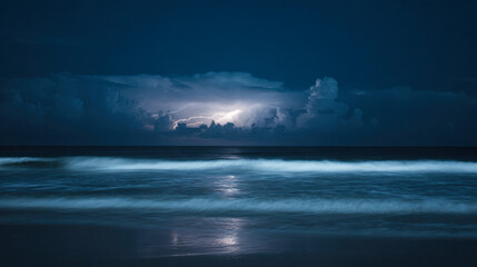 Naklejka premium Minimalistic night seascape with a single lightning strike illuminating the dark sky