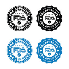 FDA Approved icon set. Food and Drug Administration FDA label, badge, logo, symbol, black, vector, isolated illustration. FDA registered certified, accepted, verified, allowed, authorized made sign