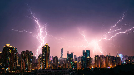 Fototapeta premium Modern skyline illuminated by lightning during a stormy night in a bustling city
