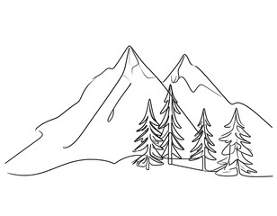 Simple line drawing of snowy mountains and trees