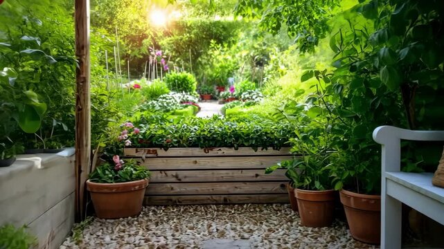 Charming garden path with bench and sunlit greenery