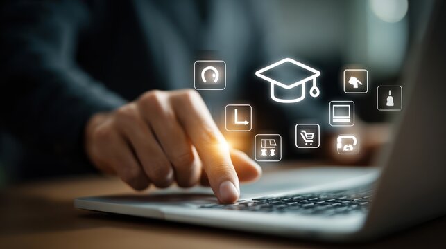 Online Education and Digital Learning: A close-up shot captures a hand interacting with a laptop, overlaid with illuminated icons representing online learning tools.