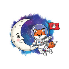 Adorable cartoon fox astronaut exploring space with a smiling moon and a paw print flag.