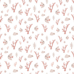 Ocean seamless pattern with cute fish and seaweeds. Sea vector background in cartoon style