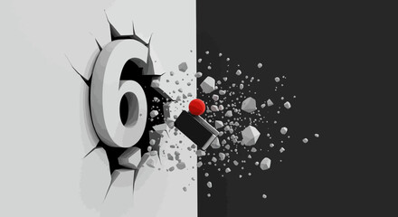 A large white number 6 breaks through a white wall, shattering it into debris against a dark background.