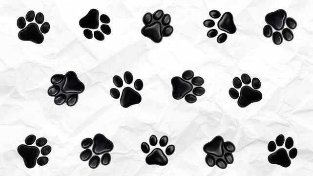 Black prints of many cats and dogs softly appear and move chaotically. Pet footprint concept. Empty space for text. Stop motion animation on white paper background