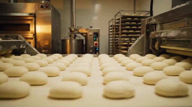 Perfectly portioned raw dough balls move along a sterile conveyor belt in a modern industrial bakery, ready for baking into fresh, delicious bread.