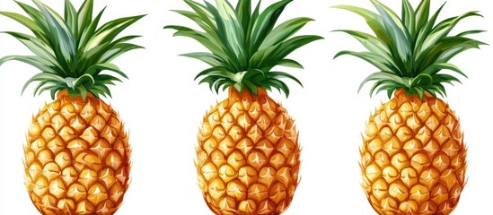 Fototapeta premium Three vibrant pineapples, each with green leaves and a textured yellow rind, displayed against a white background.