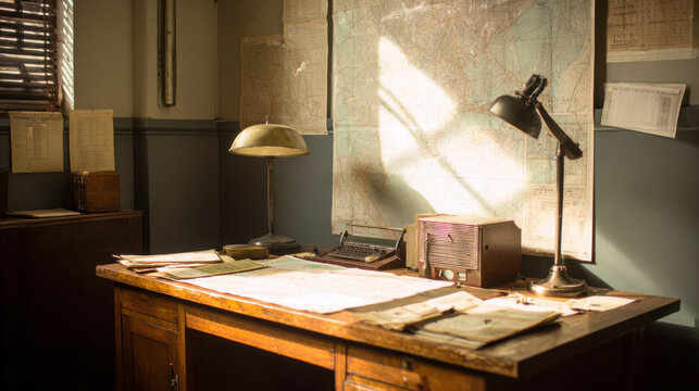 World War II military headquarters interior with desk, map, and period equipment