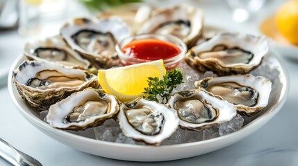 A close-up view of a plate of fresh oysters with condiments and ice.