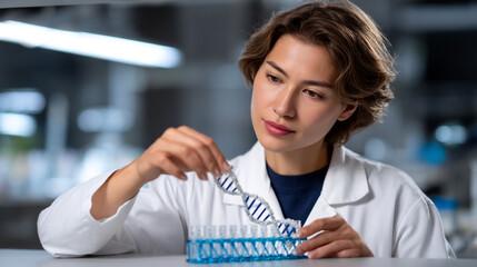 Female Scientist Holding Dna Model in Laboratory for Genetic Research