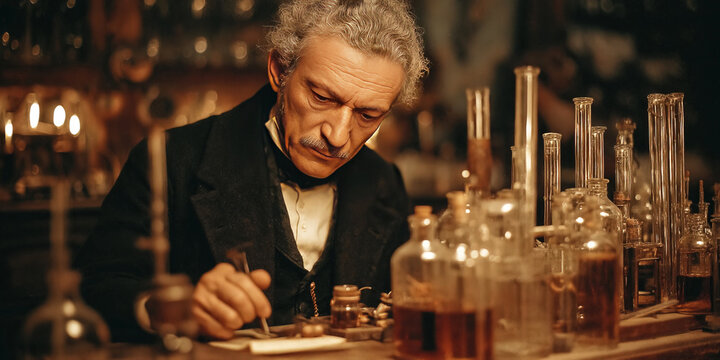 Alessandro Volta conducting experiments in his laboratory during the scientific revolution