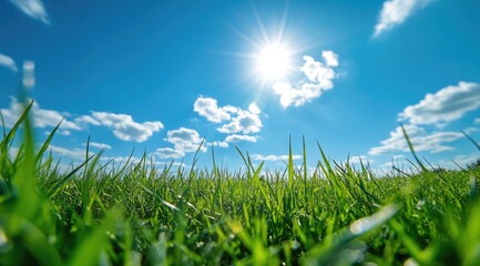 Obraz premium Lush green grass, vibrant blue sky, bright sun