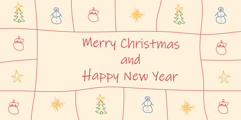 Kids hand drawn vector Merry Christmas and Happy New Year banner. Doodle hand drawing child Xmas element on beige bakground. Perfect retro Scribble Xmas banner.