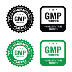 GMP Certified logo. Good Manufacturing Practice Certified Set Badge, Stamp, Icon, Seal, Label, Tag, Emblem For CBD Label Oil and Packaging Design. Vector Illustration