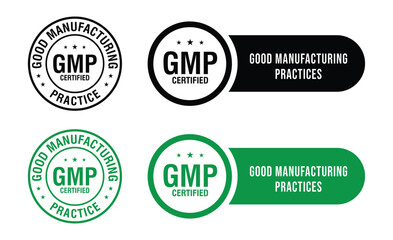 Obraz premium GMP Certified logo. Good Manufacturing Practice Certified Set Badge, Stamp, Icon, Seal, Label, Tag, Emblem For CBD Label Oil and Packaging Design. Vector Illustration