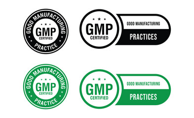GMP Certified logo. Good Manufacturing Practice Certified Set Badge, Stamp, Icon, Seal, Label, Tag, Emblem For CBD Label Oil and Packaging Design. Vector Illustration