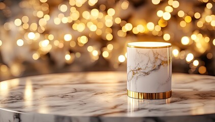 White marble cylinder on round marble table, bokeh lights