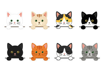 Obraz premium Eight cartoon cats of various colors peering over a ledge, with different expressions, isolated on a white background.