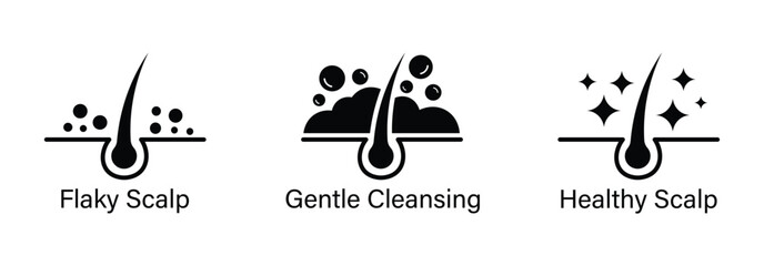 Anti dandruff icon set. Strong healthy hair line icons. Anti dandruff logo, label, badge, symbol, black, circle, line, vector, isolated illustration. Anti dandruff label for product packaging design.