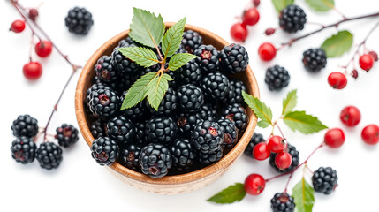 Black elderberries Sambucus nigra in a bowl and some berries on white background. PNG