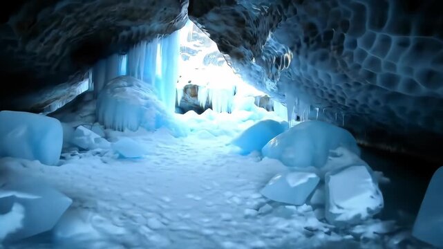 Exploring a surreal ice cave with stunning blue formations and frozen 