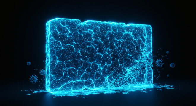 Abstract visualization of a futuristic digital security firewall, a glowing blue energy shield providing data protection and blocking threats