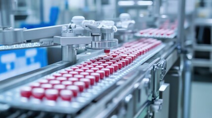 Red pills move along a conveyor belt in a pharmaceutical manufacturing facility.