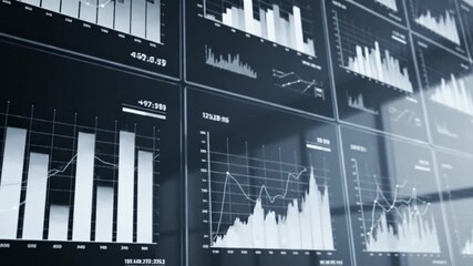 Dynamic digital screens display complex financial data and business analytics through various charts and graphs, illustrating market trends and strategic insights. - Powered by Adobe