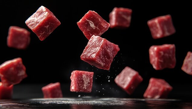 Cubes of raw beef, suspended in mid-air (1)