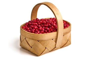 Lingonberries in basket, Vaccinium vitis idaea, isolated on white background