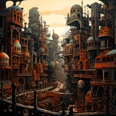Naklejka premium Fantasy digital illustration of futuristic city with narrow tall buildings, symbolizing dystopia, imagination, storytelling and speculative design, a dramatic scene of vertical architecture and myster