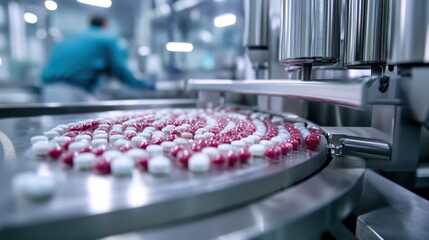 Obraz premium Close-up view of a pharmaceutical production line, showcasing pill manufacturing process.