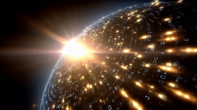 Digital Sphere of Light with Binary Code and Glowing Particles in a Futuristic Environment