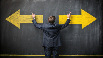 Businessman standing facing chalkboard with large yellow arrow left and right showing choice and decision making