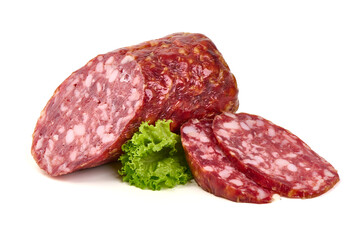 Italian salami sausage, isolated on white background
