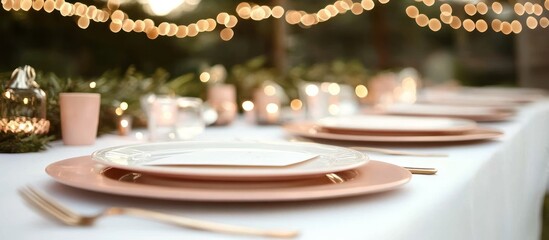 Outdoor dining table setting with rose gold charger plates and blurred festive background.