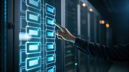 Futuristic server interface, data node panel, hand interacting with touchscreen, network visualization, glowing blue UI, control gesture
