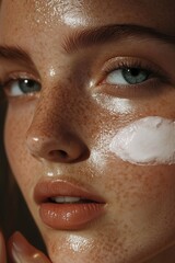 Close-up of a young woman's face with freckles and sunscreen applied. Skin care brand campaign ad. Wellness aesthetic, facial beauty routine
