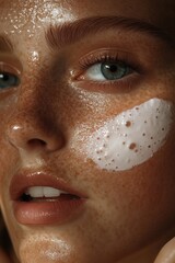 Close-up of a young woman's face with freckles and sunscreen applied. Skin care brand campaign ad. Wellness aesthetic, facial beauty routine